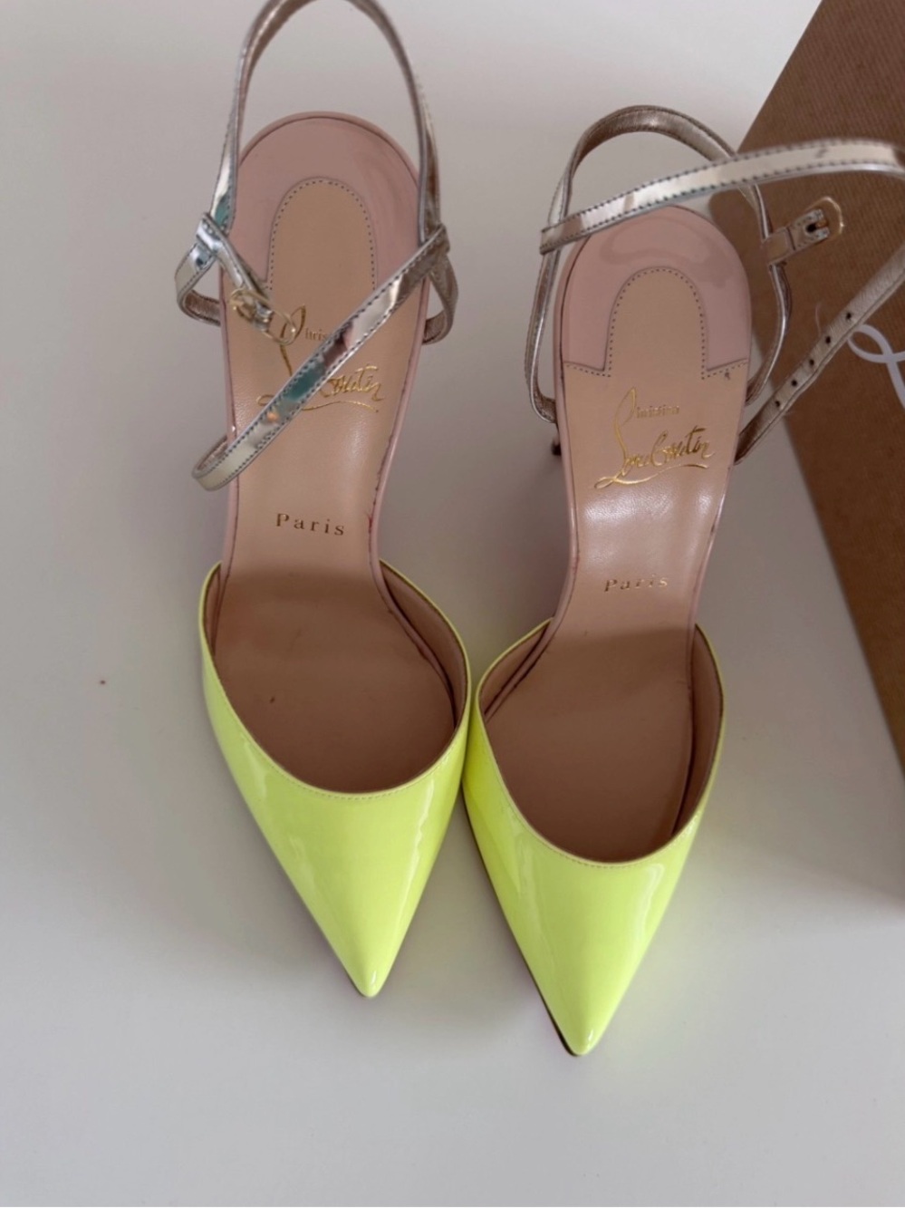 Christian Louboutin Neon Yellow Patent Pointed Slingbacks with Silver Straps